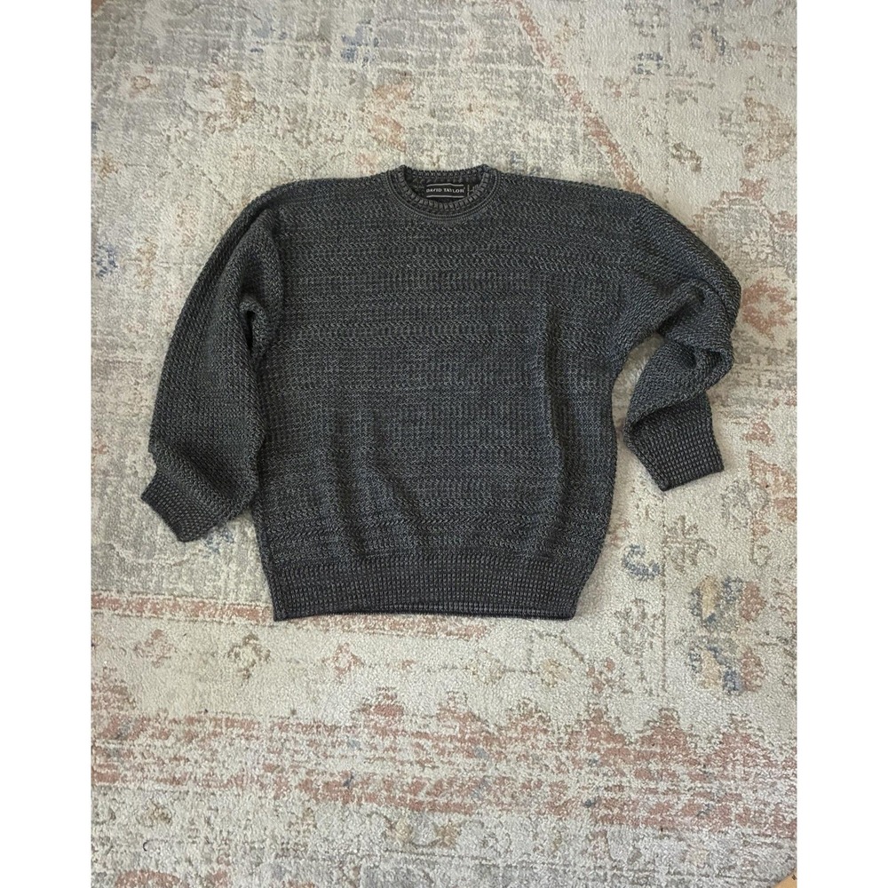 Vintage David Taylor Knit Sweater Mens Lg Gray Crewneck Textured Coogi Style 90s